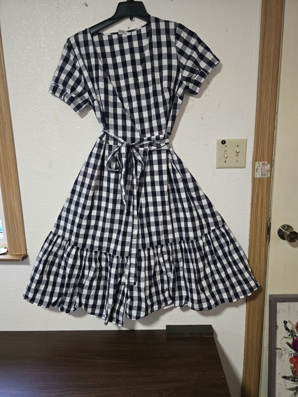 GAP Black White Gingham Plaid Wrap Midi Dress Medium
